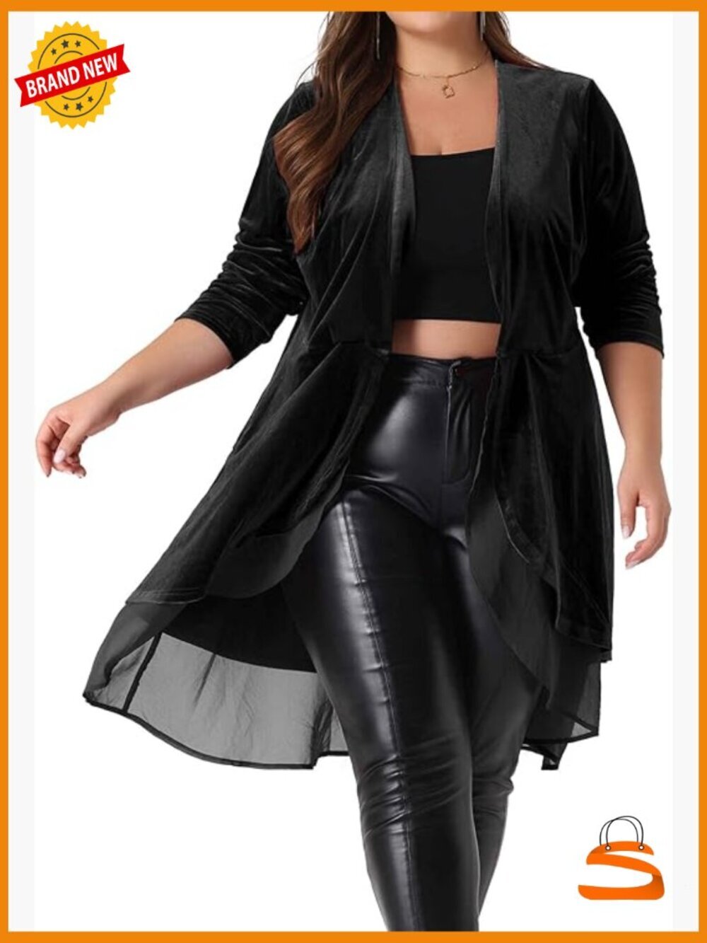 Plus Size Open Front Long Velvet Cardigan Ruffled Asymmetric Jacket